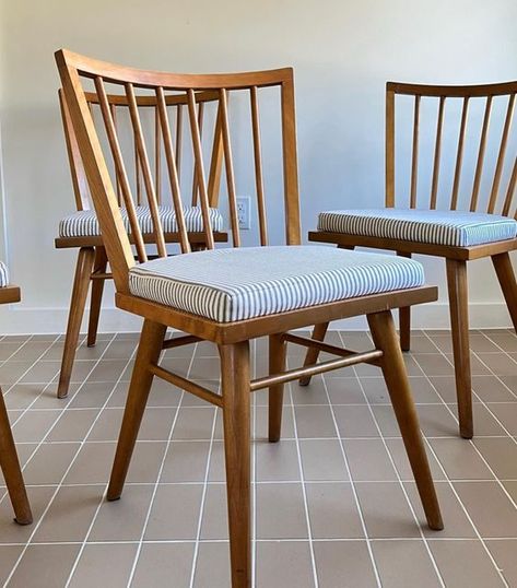 Old Austin Home on Instagram: "Conan Ball Spindle Back Dining Chairs with New Ticking Stripe Cushions, Set of 6, $1,200 + tax" Wooden Chairs With Cushions, Wooden Dining Chairs With Cushion, Spindle Back Dining Chairs, Striped Dining Chairs, Old Wooden Chairs, Spindle Chair, Wood Chair Design, Striped Chair, Dining Inspiration