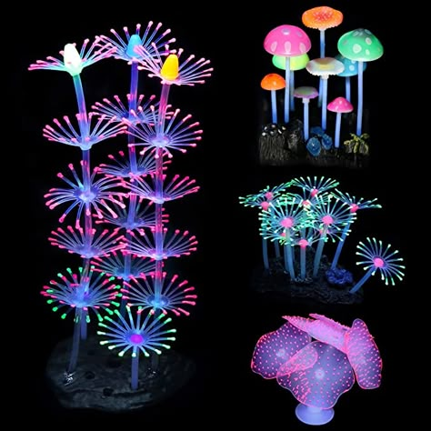 Glow Aquarium, Blacklight Art, Fish Tank Themes, Mermaid Tank, Jellyfish Aquarium, Glowing Mushrooms, Glowing Effect, Aquarium Ornaments, Water Tanks