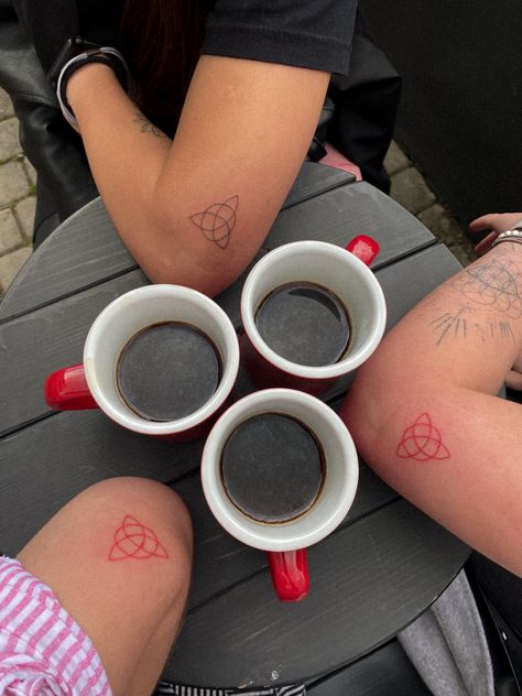 Triple Tattoo Friends, Tattoo Ideas For 3 Sisters, Triple Matching Tattoos, Charmed Tattoo, 3 Person Tattoo, Triple Tattoo, Trio Tattoo Ideas, Charm Tattoo, Small Matching Tattoos