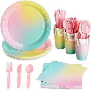 BLUE PANDA 144 Piece Pastel Rainbow Birthday Party Supplies, Dinnerware with Paper Plates, Napkins, Cups, and Pink Cutlery (Serves 24) Pink Cutlery, Pastel Rainbow Birthday Party, Pastel Rainbow Birthday, Unicorn Birthday Decorations, Rainbow Party Supplies, Rainbow Party Decorations, Rainbow Unicorn Birthday, Pastel Party, Pony Birthday