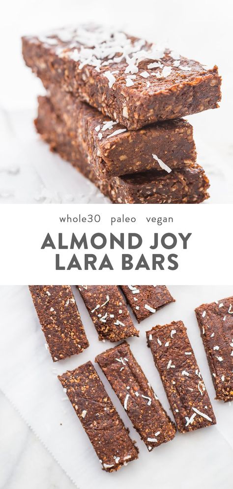 These paleo Almond Joy Lara bars are the perfect combination of coconut and chocolate and are super healthy. A filling and quick paleo snack, they're also Whole30-compliant. Very similar to chocolate coconut chew Lara bars. #paleo #snacks Quick Paleo Snacks, Lara Bars Recipe, Quick Paleo, Paleo Snack, Healthy Bedtime Snacks, Craft Food, Lara Bars, Almond Joy, Paleo Vegan