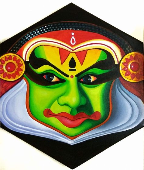 Kadhakali Paintings Simple, Kathakali Painting On Canvas, Onam Decoration, Kathakali Painting, Onam Poster, Kathakali Face, Head Painting, Buddha Painting Canvas, Vase Painting