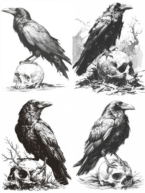 Midjourney prompt: A crow standing on a skull in the - PromptHero Crow And Skull Tattoo Design, Creepy Bird Drawing, How To Draw Crow, Crow Drawing Reference, Bird Drawing Reference, Crow Drawing Sketch, Crow Anatomy, Crow Black And White, Crow On A Skull