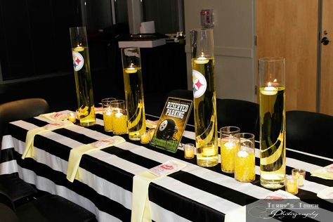 Steelers inspired party Steelers Centerpieces, Steelers Themed Birthday Party, Steelers Birthday Party Ideas, Pittsburgh Themed Party, Steelers Football Party, Steelers Wedding, Steelers Party, Dallas Cowboys Theme, Football Centerpieces