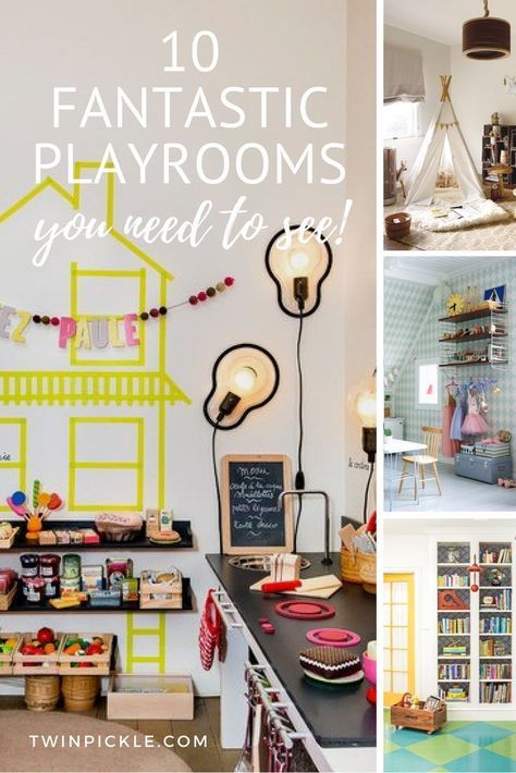 These 10 fantastic playrooms you need to see will leave you feeling inspired to bring some magic to your kids play spaces. Bold color, cute book and toy storage, play kitchens, decals and wallpaper... even a feature fish. Give your little ones a little whimsy in their life! #playroom #homedecor #interiordesign #kidsdecor #momlife Book And Toy Storage, Kids Play Spaces, Play Kitchens, Playroom Storage, Playroom Design, Playroom Organization, Feeling Inspired, Play Spaces, Family Decor