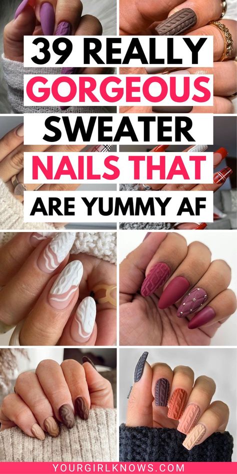 Are you obsessed with fall as much as I am?  Then you're in for a big treat with these sweater nail designs that are just perfect for the season! Get ready to fall in love with these captivating sweater nail art patterns that will make your nails the envy of all your friends! Fall Nail Sweater Designs, Knit Nail Design, Winter Nails Sweater Art Designs, New Years Sweater Nails, Navy Sweater Nails, Sweater Holiday Nails, Nails Design Ideas 2024 Fall, Sweater Xmas Nails, Cable Nails