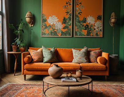 Green Orange Cream Living Room, Green Living Room Orange Sofa, Dark Green Orange Living Room, Living Room Green And Orange, Orange Green Room, Orange Green Interior, Orange Sofa Living Room Ideas, Green Wall Living Room, Green And Orange Living Room