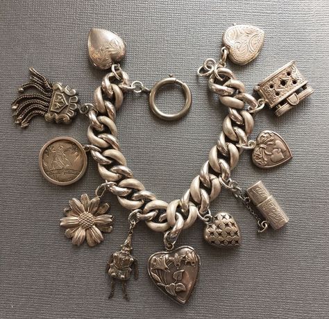 Victorian Charm Bracelet, Chains Art, Clothes Collage, Silver Heart Jewelry, Jewelry Hacks, Enamel Art, Fiji Islands, Travel Charms, Vintage Charm Bracelet