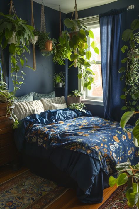 Green Blue Room Aesthetic, Blue Bedroom With Plants, Dark Green And Blue Bedroom, Indigo Bedroom Ideas, Navy Boho Bedroom, Navy And Green Bedroom, Small Blue Bedroom, Green And Navy Bedroom, Navy Blue Room Aesthetic