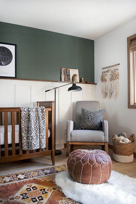 Nursery With Dark Wood Trim, Earthy Modern Nursery, Sherwin Williams Retreat Nursery, Sherwin Williams Woodland Lichen, Half Painted Wall Dark On Top, Sw Woodland Lichen, Green Nursery With Brown Furniture, Dark Grey Accent Wall Nursery, Nursery With Wood Trim