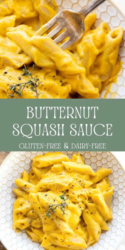 Gluten Free Dairy Free Quick Meals, Gf Dairy Free Pasta Recipes, Pasta With Squash Sauce, Vegan Gluten Free Pasta Sauce, Dairy Free Squash Recipes, Vegan Butternut Squash Sauce, Butternut Squash Pasta Sauce Healthy, Gluten Free Sauces For Pasta, Non Dairy Creamy Pasta