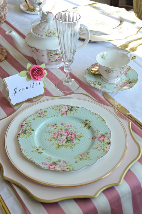 80th Tea Party Birthday, Yea Party Tablescape, Stork Tea Ideas, Tea Party Plates, Yea Party Table Setting, Mix Match Tea Party Table Settings, Tea Party Decorations Table Settings, French Tea Party Decorations, Tea Party Set Up Ideas