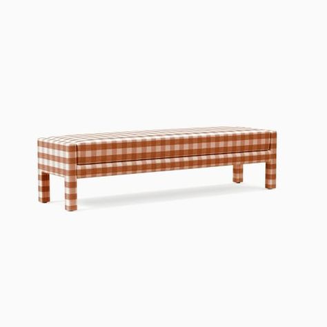 plaid | West Elm Diy Upholstered Bench, Renovate Furniture, Marsh House, Upstate House, Cushioned Bench, Red Cabin, Maximalist Bedroom, Nashville House, Cushion Bench