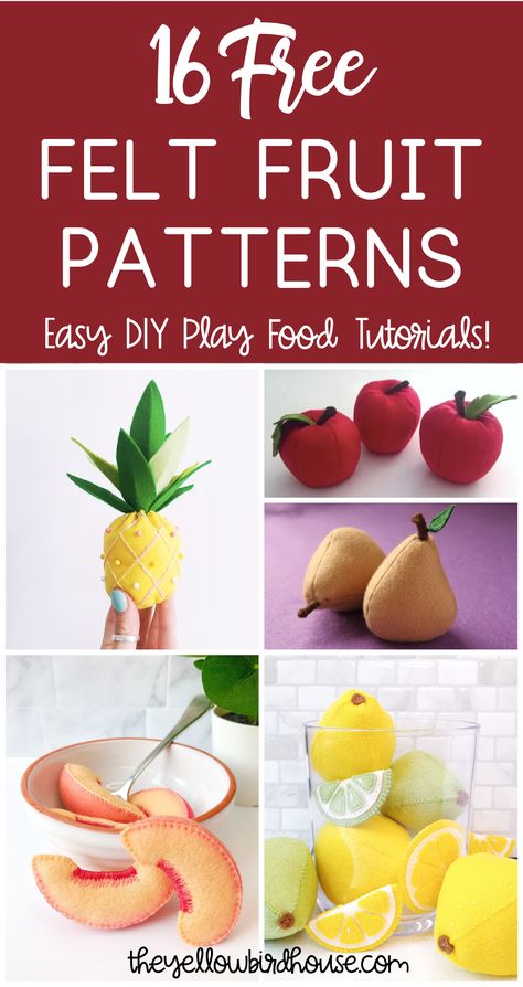 16 Free Felt Fruit Patterns - Easy DIY Play Food - Felt Peach Pattern, Felt Pie Pattern, Felt Craft Patterns, Felt Fruit And Vegetables Diy, Diy Toy Food, Hand Sewing Tutorials, Diy Felt Play Food, Diy Play Food, Felt Food Templates