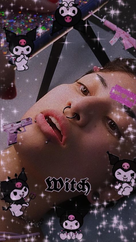 Cute girl with snake bites piercings, half open mouth and sparking eyes. Photo with Kuromi, from SanRio, filter in purple shades and noise Witch Hello Kitty, Tea Vibes, Snake Bites Piercing, Snake Bite Piercing, Snake Bites, E Girl, Tattoos And Piercings, I Tattoo, Piercings