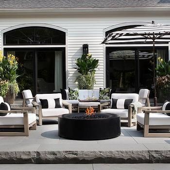 Restoration Hardware Sebastian Teak Lounge Chairs with Black Stripe Pillows - Transitional - Deck/patio Restoration Hardware Outdoor Furniture, Restoration Hardware Outdoor, White Lounge Chair, Slate Patio, Paver Designs, Furniture Sofa Set, Patio Sofa Set, French Style Homes, Garden Sofa Set