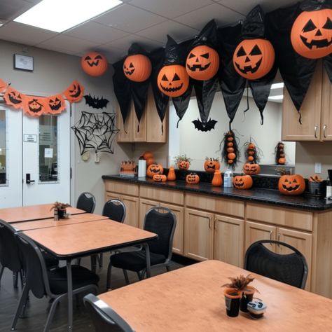 workplace halloween decorating ideas Halloween Decorations At Work, Work Halloween Decorating Contest, Break Room Halloween Decorations, Halloween Decoration For Office, Halloween Theme For Office, Halloween Lobby Decorations, Diy Office Halloween Decor, Medical Office Halloween Decorations, Halloween Decorations Office Ideas