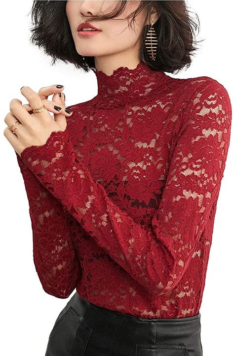 Women's Sexy Lace See Through Blouse Semi Sheer Long Sleeve Mock Neck Top Red XL at Amazon Women’s Clothing store Red Top Outfit, Lace Turtleneck Top, Layered Lace Top, Lace Summer Tops, Red And Black Outfits, Lace Turtleneck, Red Lace Top, Set Plus Size, Womens Lace Tops