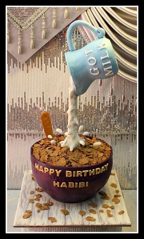 Cereals and milk cake The House of Cakes Dubai Gravity Defying Cake Ideas, Cake Exhibition, Cereal Cake, Easter Cake Ideas, Gravity Cakes, Anti Gravity Cake, Gravity Defying Cake, Realistic Cakes, Gravity Cake