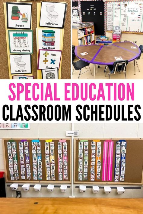 Visual schedules are crucial for student success in special education. Today, I am sharing everything you need to know about special education schedules. I share how to prep schedules for students in your self-contained classroom, how to set up special education schedules, and ways to teach your special education students how to use them. This is so important for classroom management. It will help decrease behavior problems throughout the day. Learn more here! Special Education Student Schedule, Visual Schedules Special Education Free, Special Education Schedule Ideas, Special Education Classroom Schedule, Elementary Self Contained Classroom Setup, Self Contained Classroom Schedule, Special Education Bulletin Board Ideas, Special Needs Classroom Setup, Self Contained Classroom Setup