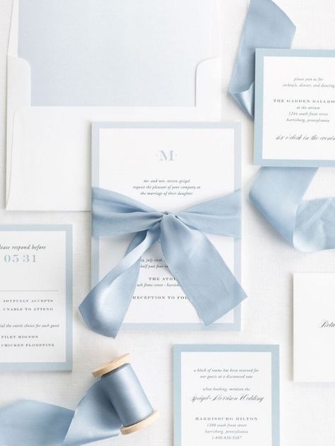 Powder Blue Wedding Inspirations | Sky Blue | Light Blue Wedding Style Ribbon Wedding Invitations, Powder Blue Wedding, Sky Blue Weddings, Ribbon Invitation, Baby Blue Weddings, Wedding Invitation Trends, Blue Wedding Inspiration, Blue Invitation, Colorful Borders