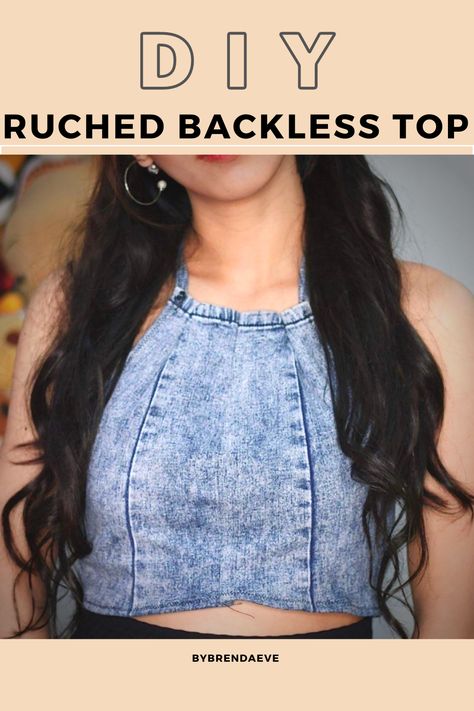 Diy Denim Halter Top, Ruched Backless Top, Diy Halter Top, Diy Halter, Denim Halter Top, Diy Denim, Denim Crafts, Denim Diy, Denim Vest