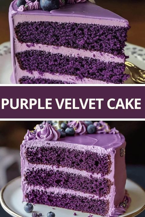 Purple Velvet Cake Red Velvet Cake Flavor Combinations, Velvet Chocolate Cake, Purple Cake Flavors, Purple Cake Recipe, Chocolate Frosting Cake Decorating Ideas, Velvet Cakes, Best Homemade Cake, Best Red Velvet Cake Recipe, Homemade Cake Recipe