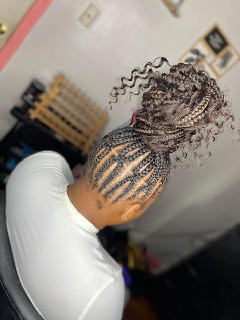 Braided Updo Feed In Braids, Stitch Braid Ponytail With Design, Feedin Ponytail Braids With Curls, Feeder Ponytail Braids, Braided Back Ponytail, Braided Ponytail Bun, Braids Going Into A Ponytail, Braided Ponytail Hairstyles Feed In, Stitch Braided Ponytail