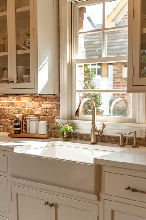 Get inspired by 40 farmhouse kitchen brick backsplash inspirations that bring authenticity and character to your culinary space. #KitchenInspirations #BrickBacksplash #FarmhouseAuthentic White And Brick Kitchen, Brick Vent Hood Kitchen, Farmhouse Kitchen Brick Backsplash, Kitchen Brick Backsplash, Flip Kitchen, Whitewash Brick, Kitchen Brick, Brick Wall Kitchen, Brick Kitchen Backsplash