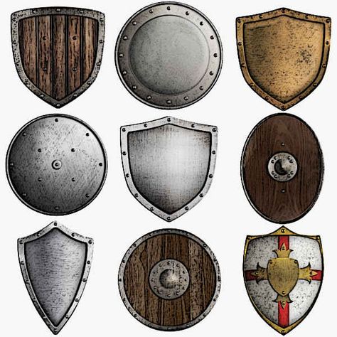 Medieval Shield Designs Types Of Shields, Midevil Shields, Medieval Shield Design, Shield Dnd, Shields Design, Shield Drawing, Shield Template, Shield Designs, Medieval Shield