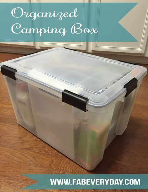 Travel Tuesday: Organized Camping Supplies Box.  Click or visit fabeveryday.com for this article on how to organize your essential camping supplies in a single box for easy storage and packing when you are ready to go out and adventure. Organized Camping, Camping Cooking Gear, Camping Gear Storage, Camping Supply List, Camping Bedarf, Travel Tuesday, Camping Box, Spring Camping, Weekend Camping Trip