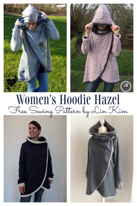 Cowl Hoodie Pattern, Poncho Hoodie Pattern, Sweatshirt Dress Sewing Pattern, Free Sewing Patterns For Women Jackets, Sewing Wool Fabric, Hoodie Dress Pattern, Zip Up Hoodie Pattern Sewing, Hooded Shawl Sewing Pattern, Hooded Vest Pattern Sewing