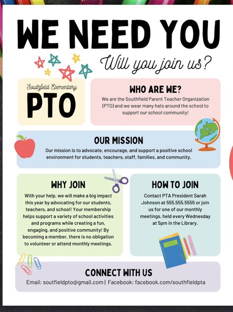 Pta Posters Ideas, Pta Flyer Ideas, Parent Committee Ideas, Pto Board Ideas, Pta Events Activities, Pto Trifold Board, Pta Board Positions, Pta Welcome Table, Pto Ideas For Students