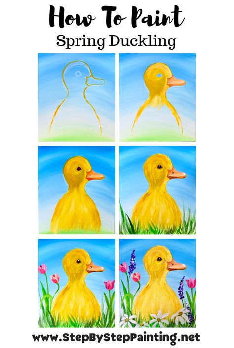 Spring Duckling - Acrylic Painting Tutorial Spring Painting Easy Step By Step, Easy Spring Paintings For Beginners, How To Paint A Duck, Spring Acrylic Painting Ideas, Easter Acrylic Painting Easy, Step By Step Painting Canvas, Easy Spring Painting Ideas On Canvas, Spring Painting For Kids, Step By Step Painting For Kids