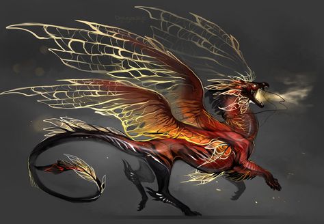 Pretty Dragon Art, Unique Dragon Designs, 4 Winged Dragon, Cool Dragon Art, Dragons Deviantart, Insect Dragon, Unique Dragons, Red Dragon Art, Fae Dragon