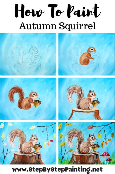 Autumn Squirrel - Acrylic Painting Tutorial Easy Fall Canvas Painting Ideas, Pumpkin Painting Tutorial, Animal Painting Ideas On Canvas, Fall Painting Ideas For Kids, Easy Turkey Painting, How To Paint A Cat, How To Draw Squirrels, Deer Painting Easy, How To Paint Step By Step