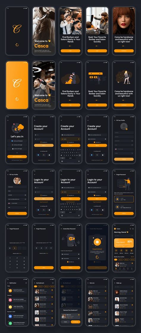 Casca - Barber & Salon App UI Kit Premium &amp; High Quality UI Kit for Barbershop and Salon Booking/Appointment (iOS/Android Support, 170+ Screens, with Design System Included) App Sketch, Ui System, Web Design Creative, Ux Design Mobile, Saving App, App Design Layout, Ux App Design, Learn Web Development, Android Design