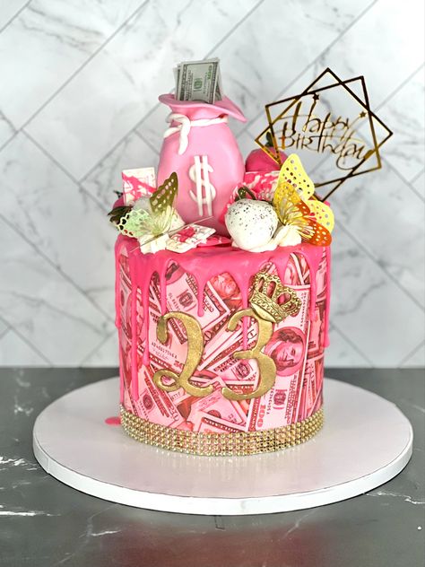 Hey everyone! Check out this gorgeous pink money themed strawberry drip cake. 💰💕 It's covered in pink edible money frosting sheets and decorated with an edible money bag and gold butterflies. And as if that wasn't enough, it's also adorned with beautiful pink and white chocolate covered strawberries. 🍓🍫 Perfect for any occasion, especially for those who love the color pink and money! . . . #CakeGoals #CakeDecorating #PinkMoneyCake #StrawberryLove #ChocolateCoveredStrawberries #SweetTreats Strawberry Drip Cake, Strawberry Cake With Chocolate, Cake With Chocolate Covered Strawberries, Birthday Strawberry Cake, Queens Birthday Cake, White Chocolate Covered Strawberries, Pink Money, White Chocolate Covered, Unique Birthday Cakes