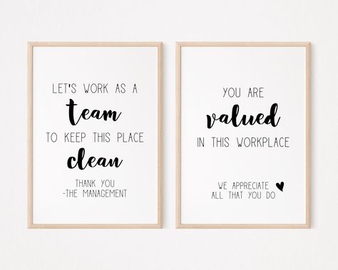 Set of 2 breakroom signs, break room art, break room décor, break room prints, set of 2 office art, clean up sign, valued employee sign https://etsy.me/3PXN7TX #breakroomart #breakroomsigns #officesigns #officeart #artsetof2 Employee Board Ideas Break Room, Employee Lounge Ideas Break Room, Teachers Lounge Decor Break Room, Break Room Clean Up Sign, Employee Break Room With Lockers, Break Room Ideas Employee, Break Room Ideas, Break Room Decor, Office Art Wall