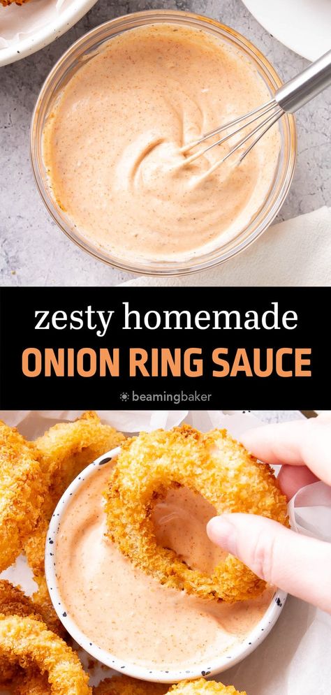 The BEST ever Onion Ring Sauce is creamy and flavorful with a kick of spice. Made with mayo, ketchup, paprika, and Cajun seasoning, this is the tastiest onion ring dipping sauce ever! Recipe from Beaming Baker. Spicy Onion Ring Sauce, Copycat Runza Onion Ring Dip, Blooming Onion Sauce Recipe Without Horseradish, Zesty Onion Ring Sauce, Outback Onion Ring Sauce, Ketchup Mayo Dipping Sauce, Onion Ring Sauce Texas Roadhouse, Martha Stewart Onion Rings, Onion Ring Sauce No Horseradish