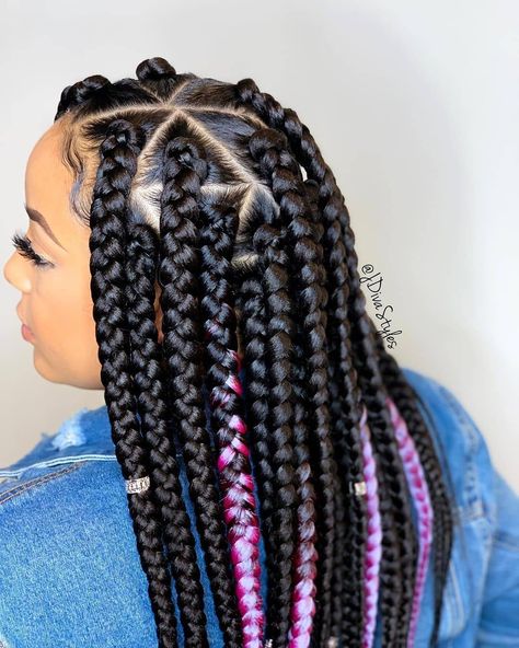 40 Knotless Braid Styles For 2021 (Jumbo, Lose Braid & More) | ThriveNaija Triangle Box Braids, Triangle Braids, Big Box Braids, Big Braids, Big Box Braids Hairstyles, Jumbo Box Braids, Colored Braids, Makeup Hacks Beauty Secrets, Box Braids Hairstyles For Black Women