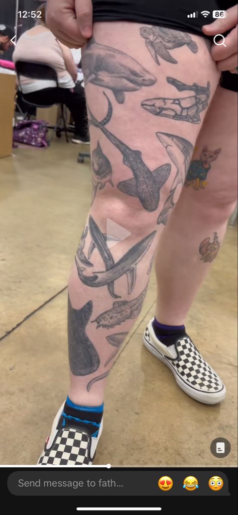 A leg covered in tattoos of various shark species Sick Tattoo, Shark Tattoos, Time Tattoos, Dream Tattoos, Henna Tattoo Designs, Dope Tattoos, Creative Tattoos, Love Tattoos, Get A Tattoo