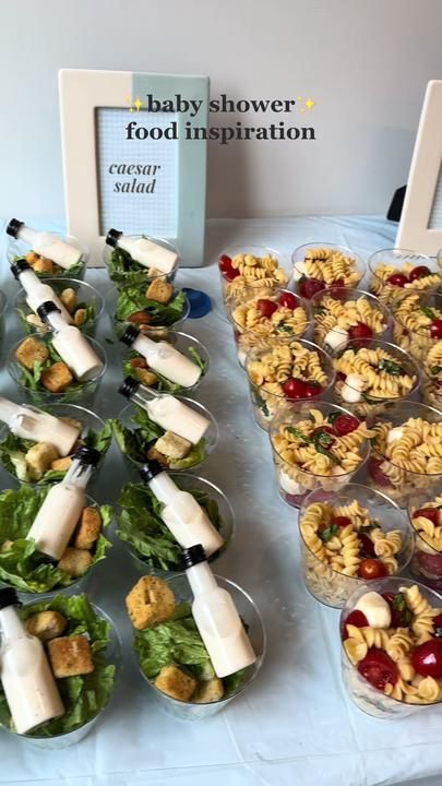 Pasta Bar Baby Shower Ideas, Appetizer For Baby Shower Appetizers, Baby Shower Food Set Up Ideas, Food At Baby Showers, Baby Shower Food Decorations, Baby Shower Plates Food, Fruit Cups For Baby Shower Ideas, Best Food For Parties, Lunch Baby Shower Ideas