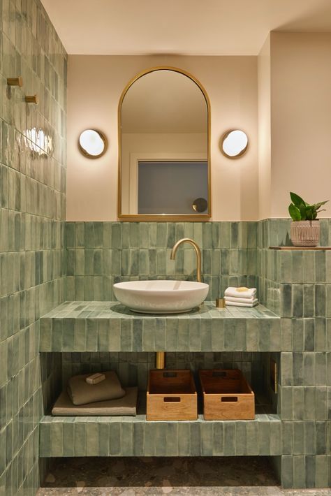 https://www.claybrookstudio.co.uk/fellini-pianta-gloss.html Terrazzo Floor Tiles Bathroom, Green Cloakroom Toilet, Green Zellige Tile Bathroom, Terracotta And Green Bathroom, Moss Green Bathroom, Green Terrazzo Bathroom, Bathroom Terracotta, Bread Bar, Green Tile Bathroom