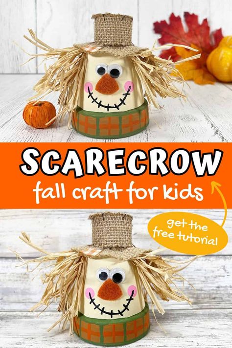 Terracotta Pot Scarecrow Craft, Diy Small Scarecrow, Clay Pot Scarecrow Fall, Scare Crow Crafts For Kids, Clay Pot Crafts For Kids, Small Terra Cotta Pot Crafts, Mini Scarecrows Craft, Easy Craft For Seniors, Fall Flower Crafts