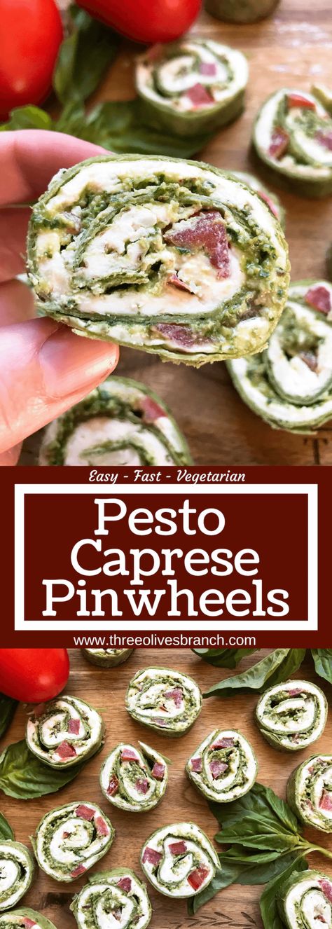 Fast and simple party appetizer recipe. Vegetarian Caprese Pesto Pinwheels Roll Ups are made of cream cheese, mozzarella, Parmesan, basil pesto, and tomatoes rolled in a flour tortilla. Easy finger food for entertaining or game day. #basilpesto #caprese #pinwheels #appetizers Caprese Pinwheels, Food For Entertaining, Pesto Pinwheels, Pinwheels Appetizers, Pesto Appetizers, Appetizer Recipes Vegetarian, Vegetarian Pesto, Easy Finger Food, Basil Pesto Recipes