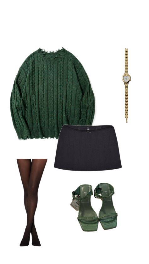 Fall outfit, outfit, ootd, fall outfit inspo, mini skirt, green sweater, sweater, gold jewelry, green heels, stockings, fashion, fall fashion, Green Accent Outfits, Green Skirt Outfit Fall, Green And Navy Outfit, Green Outfit Fall, Green Fall Outfit, Dark Green Outfits, Green Mini Skirt Outfit, Mini Skirt Outfit Fall, Christmas Church Outfit