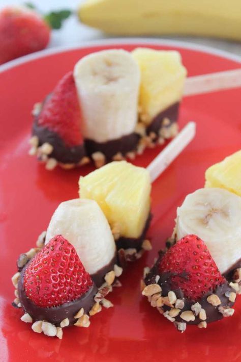 Banana Split Bites, Unique Appetizers, On A Stick, Covered Strawberries, Banana Split, Chocolate Covered Strawberries, A Stick, Fruit Desserts, Fruit Recipes