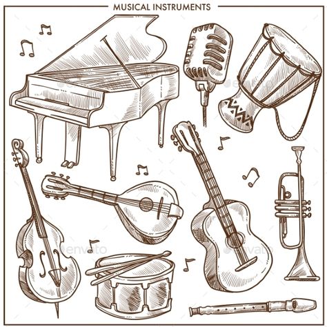 Musical Instruments Vector Sketch Icons Collection - Vector EPS. Download: https://graphicriver.net/item/musical-instruments-vector-sketch-icons-collection/21673675?ref=ksioks Musical Instrument Sketch, Sketch Of Musical Instruments, Musical Instruments Sketch, Harp Instrument Drawing, Bass Instrument Drawing, How To Draw Instruments, Percussion Instruments Drawing, Drums Sketch, Item Sketches