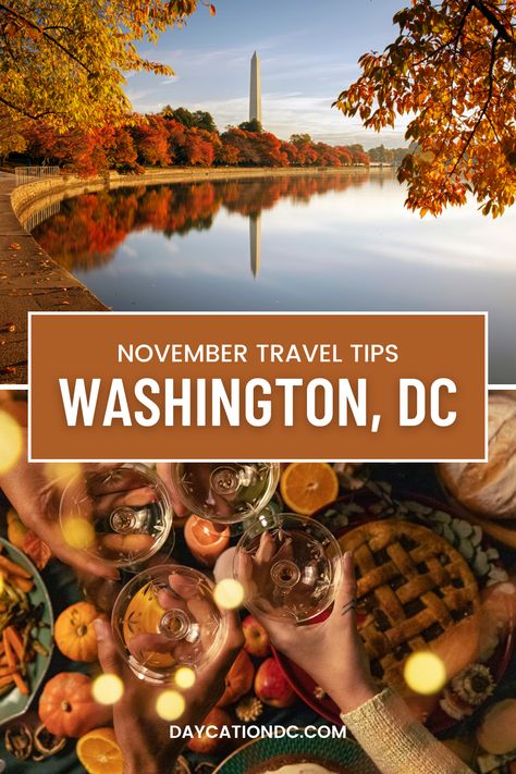 Visit Washington, DC in November for cooler weather and early holiday celebrations. Enjoy fall walks around the monuments, visit the museums, and catch a few early holiday displays. #WashingtonDC Visit Washington Dc, Washington Dc Vacation, October Travel, Dc Vacation, October Events, Day Trip Ideas, Garden Of Lights, Things To Do In Washington, Visiting Washington Dc